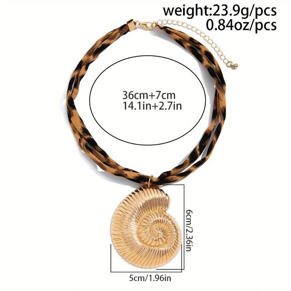 Large Gold Sea Shell Pendant Necklace w/ Leopard Fabric Tie Bold & Beachy Style - Picture 4 of 7
